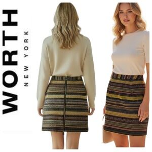 WORTH New York Tapestry Wool Blend Skirt Striped Tweed Double Back Zipper Sz 8